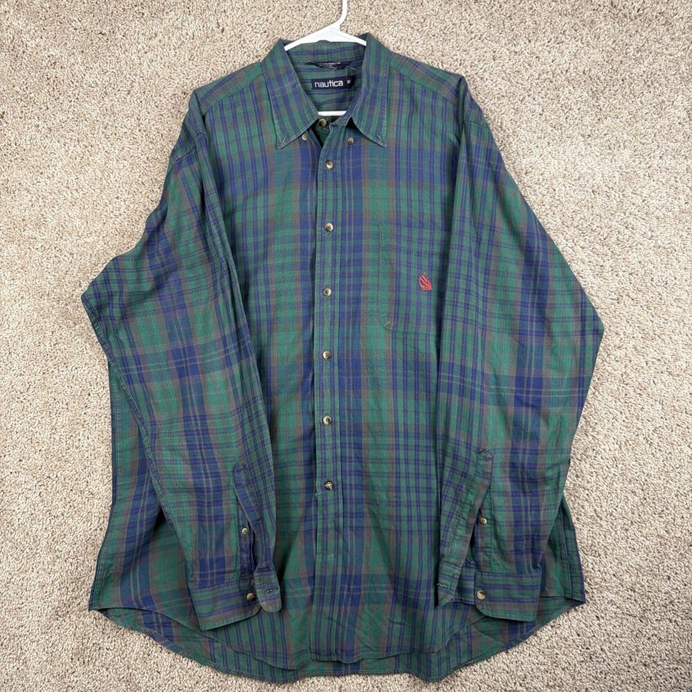 Vintage Nautica Shirt Mens Large Green Plaid Cotton Retro Classic Iconic XL